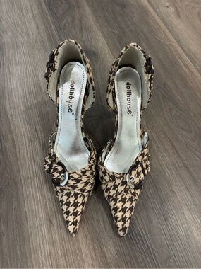 Dollhouse Brown and Cream Houndstooth Pointed Toe Heels with Buckle Strap